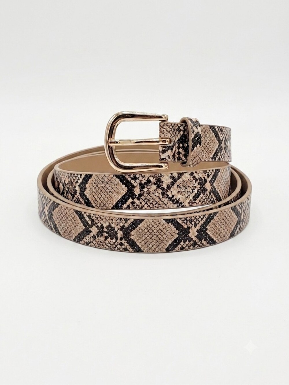 Steve Madden Beige and Black Snake-Print Belt with Gold Buckle